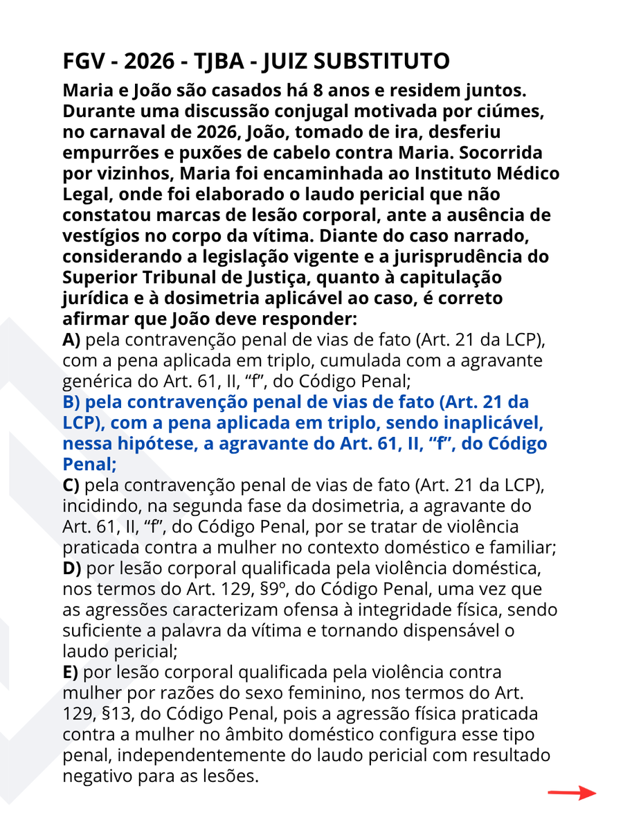 santograaljuri's tweet photo. 💡DicaSG #vaicair👇
Veja no carrossel como FGV e VUNESP cobraram essas #Juris nas provas do TJPE, TJBA e MPE-SC em 2026.🎯
Nos crimes de perseguição contra a mulher (art. 147-A, § 1º, II, do CP) e de violência psicológica contra a mulher (art. 147-B do CP), 👉não incide a agravante do art. 61, II, “f”, sob pena de bis in idem.
Caso concreto: Carlos foi condenado por perseguir e causar violência psicológica contra Ana. O Tribunal afastou a agravante do art. 61, II, “f”, e o STJ manteve a decisão.
📍Isso porque a violência contra a mulher já integra esses tipos penais. Aplicá-la novamente na segunda fase da dosimetria significaria valorar duas vezes a mesma circunstância.
O entendimento não contraria o Tema 1.197/STJ, que admite a agravante juntamente com a Lei Maria da Penha, pois esse precedente não tratou de crimes em que a violência contra a mulher já integra o próprio tipo penal.
STJ. 5ª Turma. AgRg no REsp 2.245.002/RS, Rel. Min. Joel Ilan Paciornik, julgado em 2/9/2026 (Info 903).
#Juris
FGV - 2026 - TJPE - Juiz Substituto 🎯
A agravante do art. 61, II, f, do CP 👉não pode ser aplicada cumulativamente à qualificadora do art. 129, § 13, do CP, pois a violência de gênero já é elementar do tipo penal qualificado; a tese firmada no Tema 1197/STJ não se aplica para o § 13 do art. 129, do CP. STJ. 5ª Turma. REsp 2.247.908-RS, Rel. Min. Ribeiro Dantas, julgado em 7/4/2026 (Info 884).
#Juris
VUNESP - 2026 - MPE-SC - PROMOTOR DE JUSTIÇA SUBSTITUTO 🎯
Nos crimes sexuais, 👉não há bis in idem na aplicação conjunta do art. 61, II, “f”, e do art. 226, II, do CP, salvo se houver exclusivamente relação de autoridade, hipótese em que incide apenas a majorante.
STJ. 3ª Seção. Tema 1.215 (Info 834).
#Juris
FGV - 2026 - TJBA - Juiz Substituto 🎯
✔️Antes da Lei 14.994/2024, a agravante do art. 61, II, “f”, do CP incidia nas vias de fato em contexto de violência doméstica contra a mulher; 👉após a Lei, quando incide o § 2º do art. 21 da LCP, a agravante é afastada. STJ. 3ª Seção. REsp 2.186.684/MG e outros, Rel. Min. Otávio de Almeida Toledo, julgados em 7/8/2025 (Recurso Repetitivo – Tema 1.333) (Info 858).