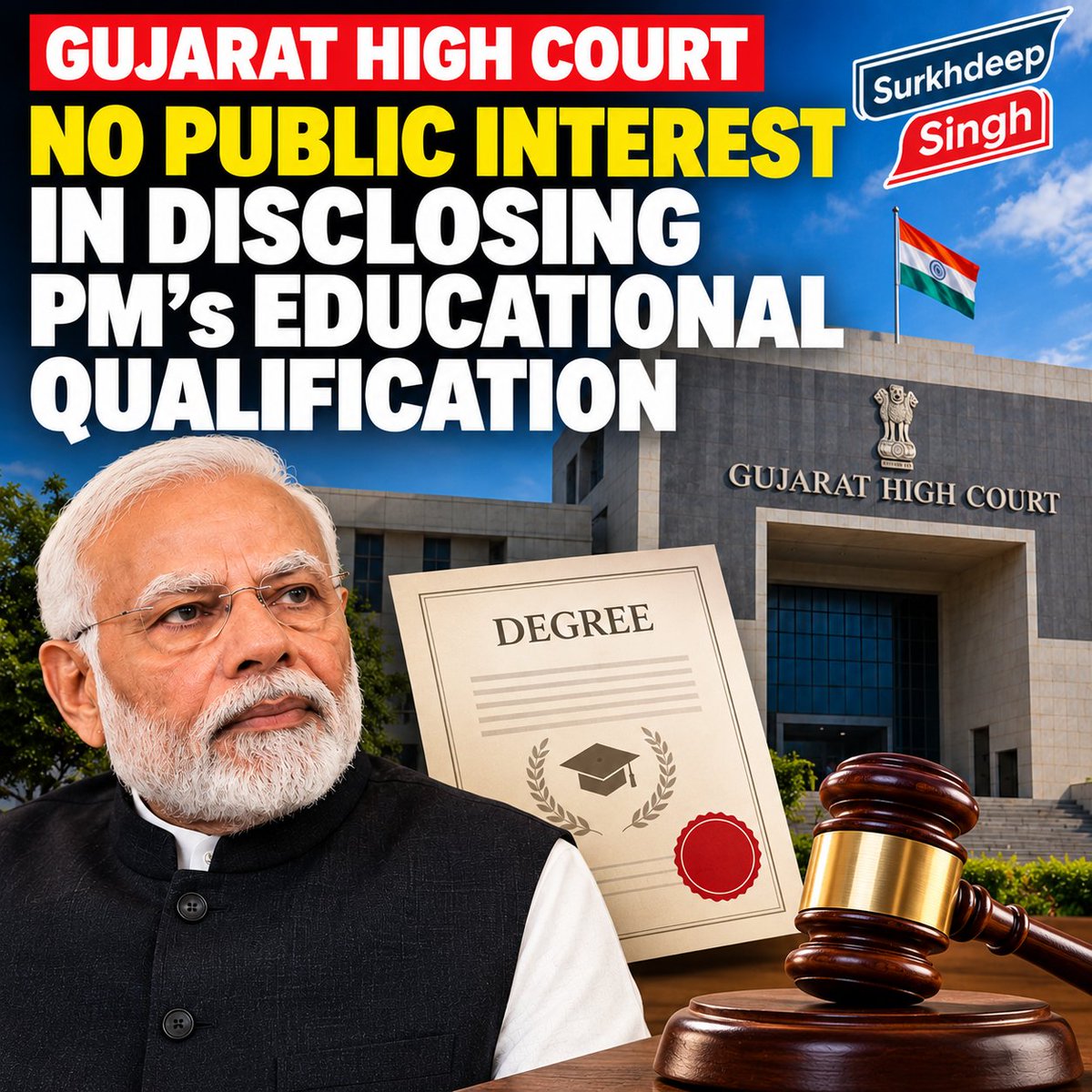 SurkhdeepSingh's tweet photo. LATEST –

The Gujarat HC has held that the Prime Minister’s educational degrees constitute personal information and are exempt from disclosure under the RTI Act in the absence of larger public interest.

The court upheld the earlier ₹25,000 cost imposed on him. https://t.co/iN7xVzt5wP