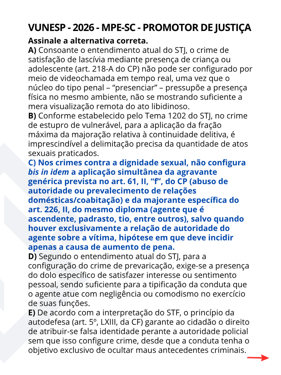 santograaljuri's tweet photo. 💡DicaSG #vaicair👇
Veja no carrossel como FGV e VUNESP cobraram essas #Juris nas provas do TJPE, TJBA e MPE-SC em 2026.🎯
Nos crimes de perseguição contra a mulher (art. 147-A, § 1º, II, do CP) e de violência psicológica contra a mulher (art. 147-B do CP), 👉não incide a agravante do art. 61, II, “f”, sob pena de bis in idem.
Caso concreto: Carlos foi condenado por perseguir e causar violência psicológica contra Ana. O Tribunal afastou a agravante do art. 61, II, “f”, e o STJ manteve a decisão.
📍Isso porque a violência contra a mulher já integra esses tipos penais. Aplicá-la novamente na segunda fase da dosimetria significaria valorar duas vezes a mesma circunstância.
O entendimento não contraria o Tema 1.197/STJ, que admite a agravante juntamente com a Lei Maria da Penha, pois esse precedente não tratou de crimes em que a violência contra a mulher já integra o próprio tipo penal.
STJ. 5ª Turma. AgRg no REsp 2.245.002/RS, Rel. Min. Joel Ilan Paciornik, julgado em 2/9/2026 (Info 903).
#Juris
FGV - 2026 - TJPE - Juiz Substituto 🎯
A agravante do art. 61, II, f, do CP 👉não pode ser aplicada cumulativamente à qualificadora do art. 129, § 13, do CP, pois a violência de gênero já é elementar do tipo penal qualificado; a tese firmada no Tema 1197/STJ não se aplica para o § 13 do art. 129, do CP. STJ. 5ª Turma. REsp 2.247.908-RS, Rel. Min. Ribeiro Dantas, julgado em 7/4/2026 (Info 884).
#Juris
VUNESP - 2026 - MPE-SC - PROMOTOR DE JUSTIÇA SUBSTITUTO 🎯
Nos crimes sexuais, 👉não há bis in idem na aplicação conjunta do art. 61, II, “f”, e do art. 226, II, do CP, salvo se houver exclusivamente relação de autoridade, hipótese em que incide apenas a majorante.
STJ. 3ª Seção. Tema 1.215 (Info 834).
#Juris
FGV - 2026 - TJBA - Juiz Substituto 🎯
✔️Antes da Lei 14.994/2024, a agravante do art. 61, II, “f”, do CP incidia nas vias de fato em contexto de violência doméstica contra a mulher; 👉após a Lei, quando incide o § 2º do art. 21 da LCP, a agravante é afastada. STJ. 3ª Seção. REsp 2.186.684/MG e outros, Rel. Min. Otávio de Almeida Toledo, julgados em 7/8/2025 (Recurso Repetitivo – Tema 1.333) (Info 858).