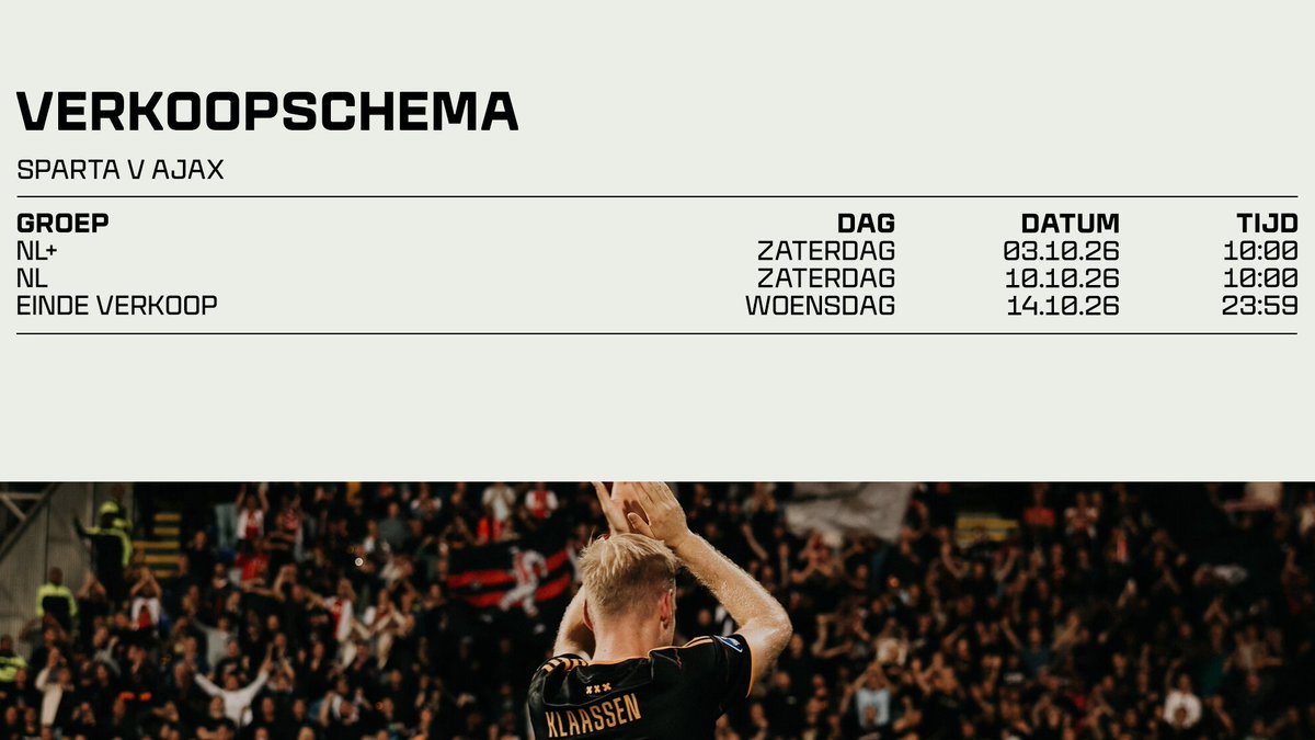 AFCASC's tweet photo. 𝗞𝗮𝗮𝗿𝘁𝘃𝗲𝗿𝗸𝗼𝗼𝗽 𝗦𝗽𝗮𝗿𝘁𝗮 - 𝗔𝗷𝗮𝘅

📆 Zondag 25 oktober, 16.45 uur
🎟️ 500 kaarten
🚌 500 buskaarten
💰 Bus: € 34,69

Alle informatie lees je op onze website. 👇

https://t.co/7bZ5m3JsrF #afcasc #ajax #spaaja https://t.co/e4bhkH1tad