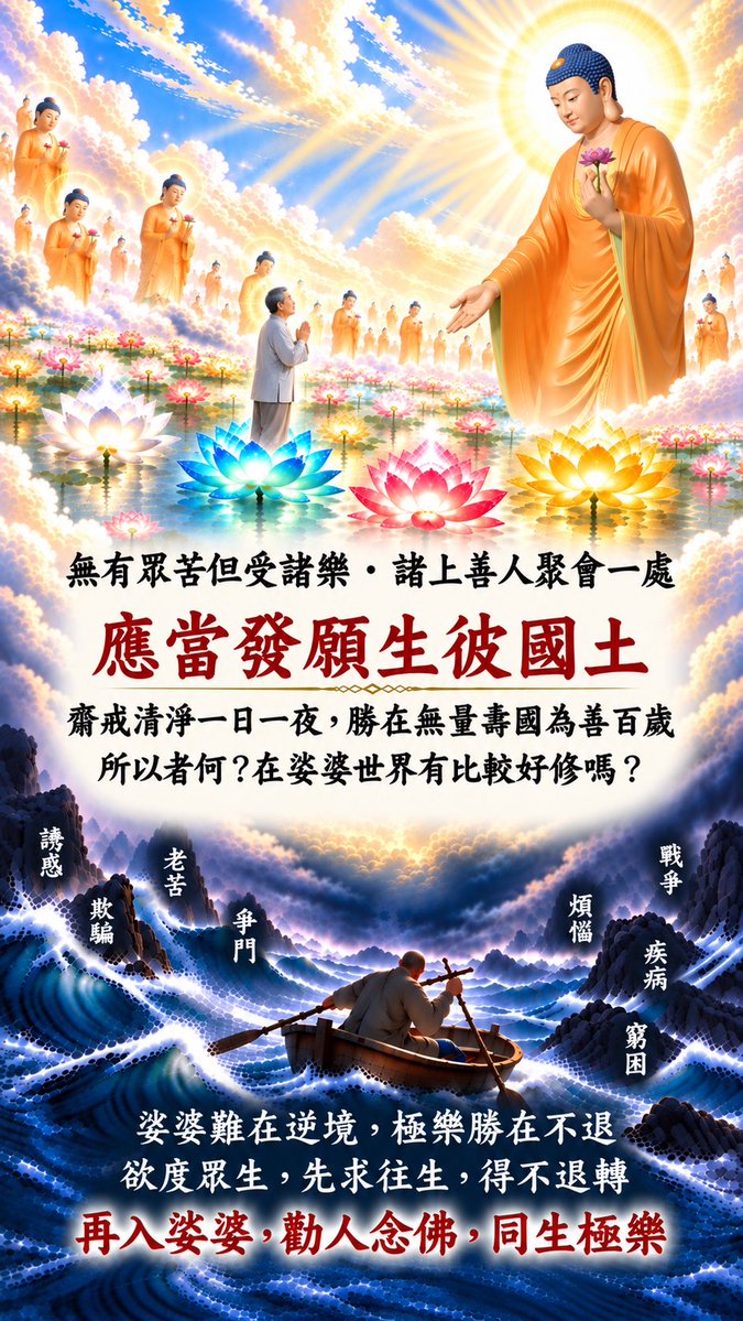 sdnftsdnftsdnft's tweet photo. 《應當發願生彼國土》
有些人很有願心，總想著：「我要生生世世行菩薩道，回來娑婆廣度眾生！」可是釋尊告誡說：娑婆世界是五濁惡世，誘惑多、煩惱也多，這一世好不容易有了修行，下一世還能記得多少？
祖師甚至以五祖戒禪師後身為蘇東坡的傳說提醒我們：修行人一轉世，照樣換得人生重新開始。就算來生做大法師、大住持，也還是在生死裡。
所以佛才勸我們：應當發願生彼國土。不是不度眾生，而是先讓阿彌陀佛把我們接上岸，到了極樂世界得不退轉，再回來幫忙；也唯有自己先站穩，救人才更有力量。