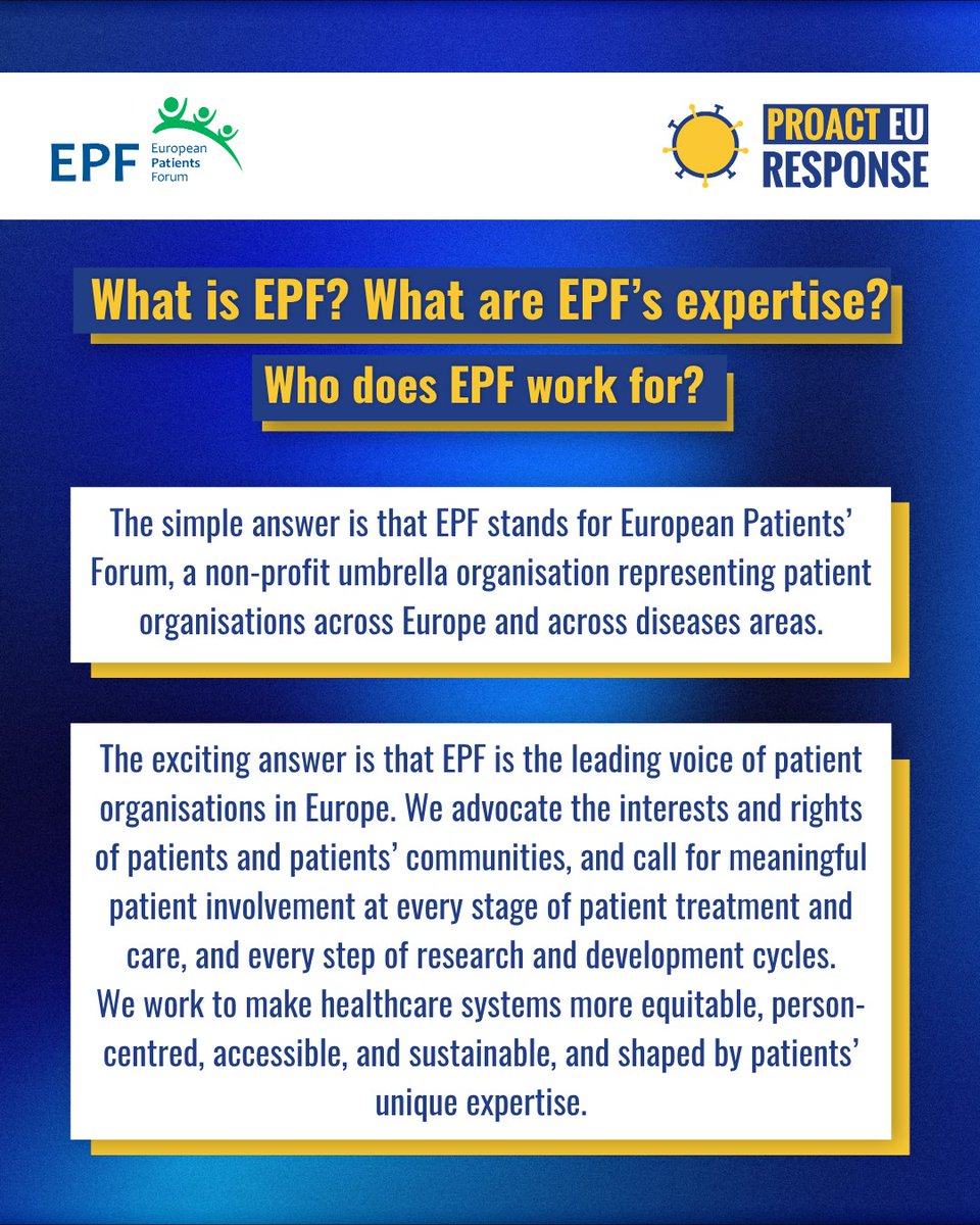EUPROACT's tweet photo. 🔦 #PartnerSpotlight: Meet @eupatientsforum, a PROACT EU-Response partner bringing the patient perspective into pandemic preparedness and clinical research. EPF supports patient involvement across the project, including through our Patient Advisory Group. https://t.co/nVIun1RMmJ