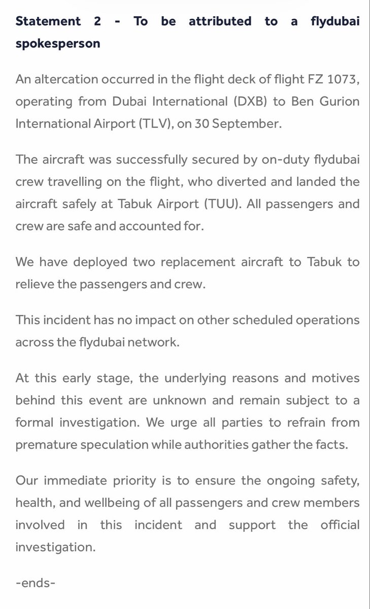 AlexInAir's tweet photo. Breaking: FlyDubai confirms “an altercation occurred in the flight deck” and that the “aircraft was successfully secured by on-duty flydubai crew travelling on the flight who diverted and landed the aircraft safely at Tabuk” — an extraordinary scenario https://t.co/ddSKV2ixOf