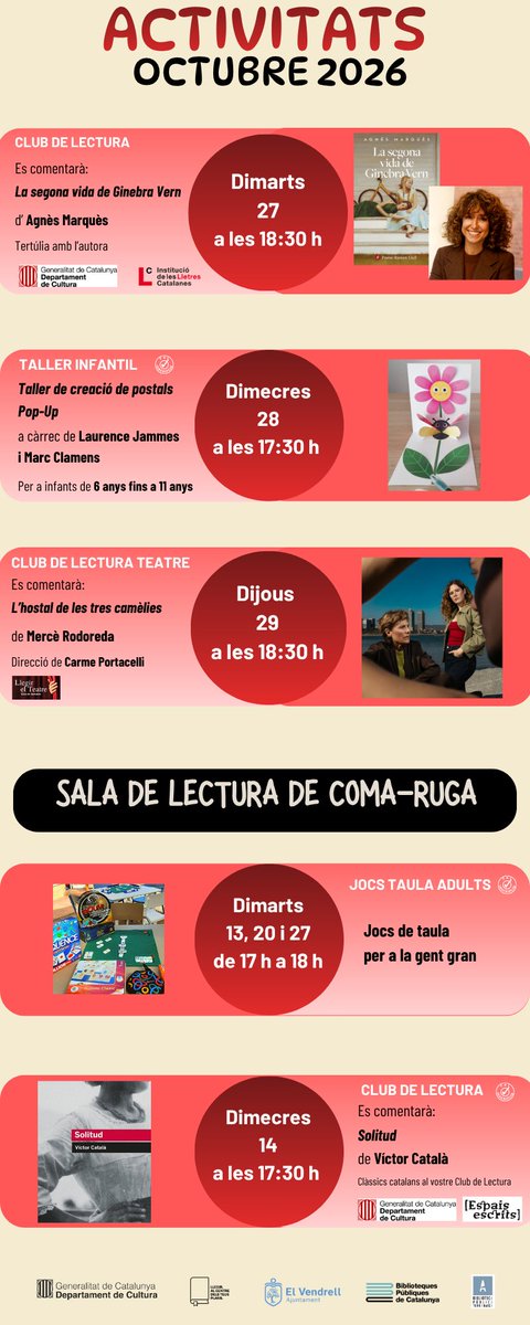 BiblioVendrell's tweet photo. Us presentem les activitats d'octubre!

L'hora del conte: La veritat de les princeses, s'obriran les inscripcions divendres 2 octubre a les 9 h.

El taller de Pop-Up s'obriran les inscripcions divendres 16 d'octubre a les 9h

Presencialment
Per telèfon 977662118
Online https://t.co/op8N1qyqHl