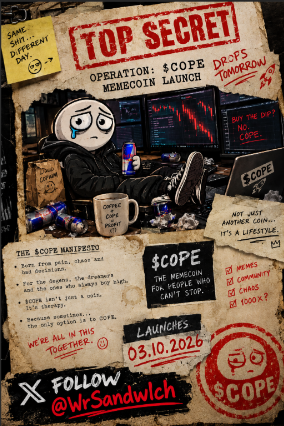 WrSandwlch's tweet photo. 🚨 CLASSIFIED FILE LEAKED 🚨

The dossier is open.
The website is live.
Tomorrow, the market gets its newest coping mechanism.

🗂️ TOP SECRET
⏰ 03.10.2026
🪙 $COPE

You’ve been warned.

#COPE #Solana #Memecoin #Crypto https://t.co/IiNdbBaqJ9