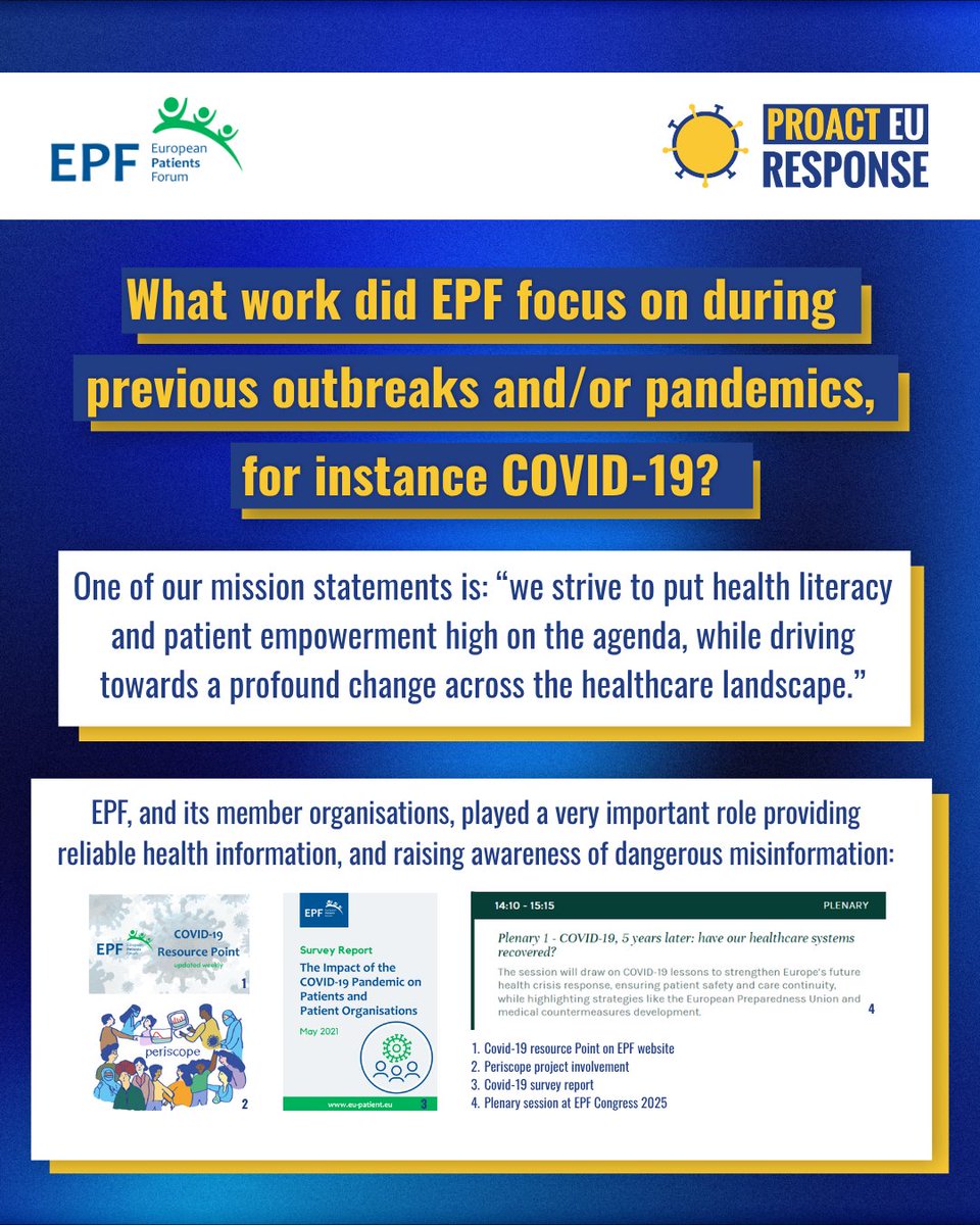 EUPROACT's tweet photo. 🔦 #PartnerSpotlight: Meet @eupatientsforum, a PROACT EU-Response partner bringing the patient perspective into pandemic preparedness and clinical research. EPF supports patient involvement across the project, including through our Patient Advisory Group. https://t.co/nVIun1RMmJ