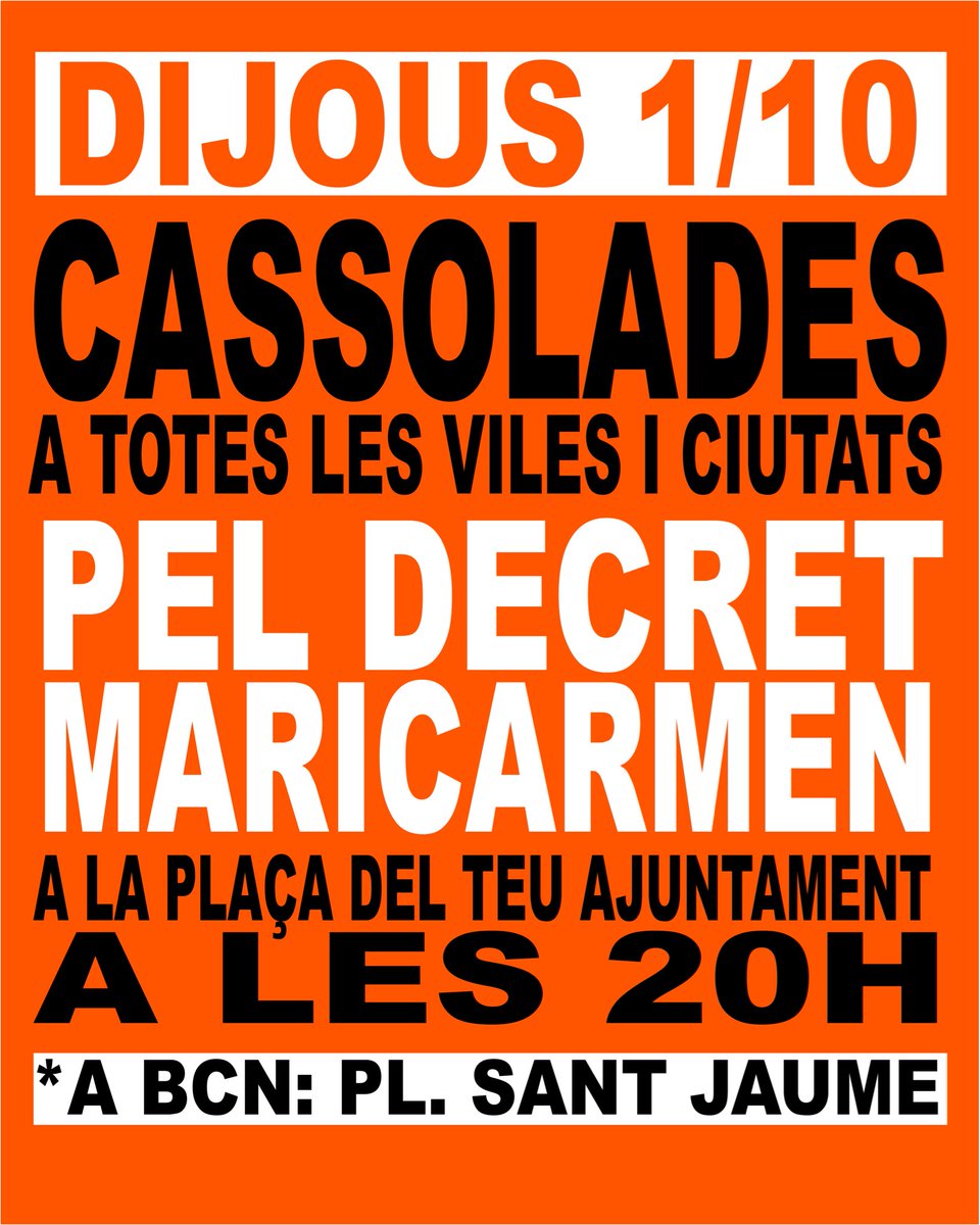 SindicatLloguer's tweet photo. 🔴AIXÒ TOT JUST COMENÇA!
Aquest dissabte, cassolades a tots els ajuntaments. I dissabte, sortim als carrers: que la mobilització no s’aturi! Pel decret Maricarmen 🔥 https://t.co/Nd55rYECF3