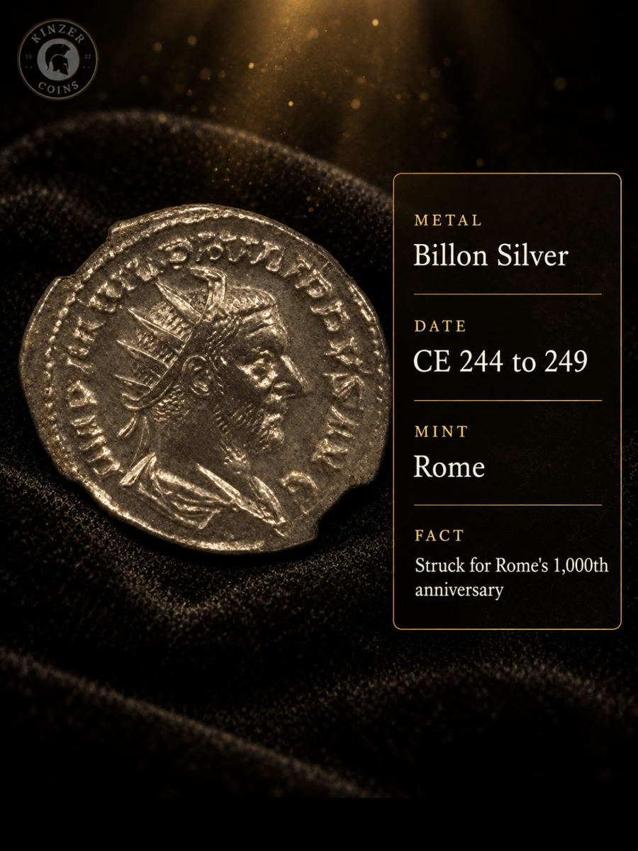 KinzerCoins's tweet photo. Born in the Arabian desert. Emperor of Rome's millennium.

Philip I ruled 244 to 249 CE and presided over Rome's 1,000th anniversary games in AD 248.

https://t.co/J40WfpyDGO

#AncientCoins #RomanEmpire https://t.co/Mxy80O48OK