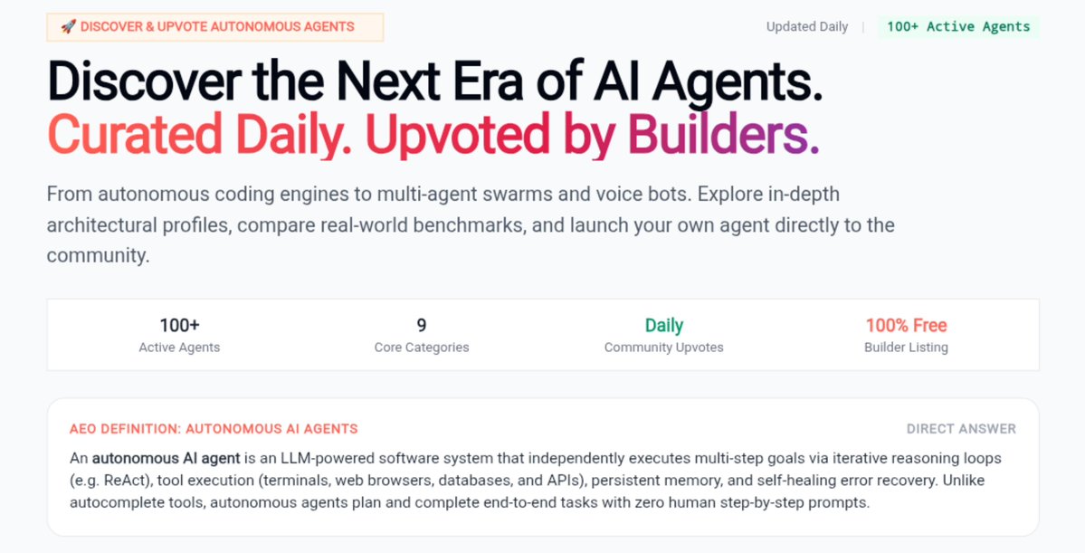 TheEarlyEdge's tweet photo. What if there was one place to discover AI agents &amp; get users for yours? 👀

https://t.co/28m75Xrb7j, 100+ active agents across coding, research &amp; more.

→ Free + paid
→ 100% free submissions
→ Builders reach users
→ Explorers find useful tools

Built by @builtwithrubel https://t.co/SLqOpBni86