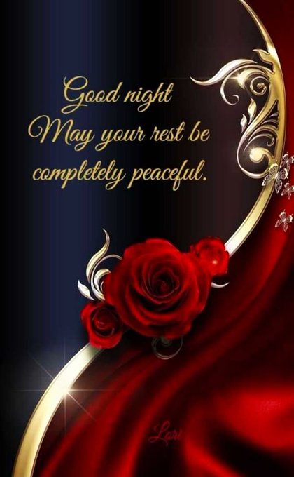 A decorative good night graphic with gold script reading 'Good night May your rest be completely peaceful.' over a background of red roses and gold floral swirls on dark red silk.