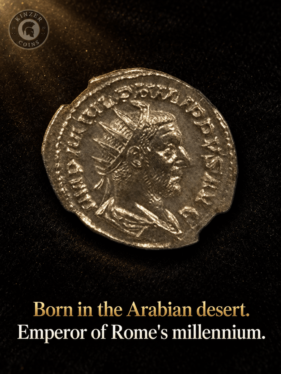 KinzerCoins's tweet photo. Born in the Arabian desert. Emperor of Rome's millennium.

Philip I ruled 244 to 249 CE and presided over Rome's 1,000th anniversary games in AD 248.

https://t.co/J40WfpyDGO

#AncientCoins #RomanEmpire https://t.co/Mxy80O48OK
