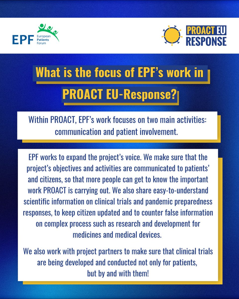 EUPROACT's tweet photo. 🔦 #PartnerSpotlight: Meet @eupatientsforum, a PROACT EU-Response partner bringing the patient perspective into pandemic preparedness and clinical research. EPF supports patient involvement across the project, including through our Patient Advisory Group. https://t.co/nVIun1RMmJ