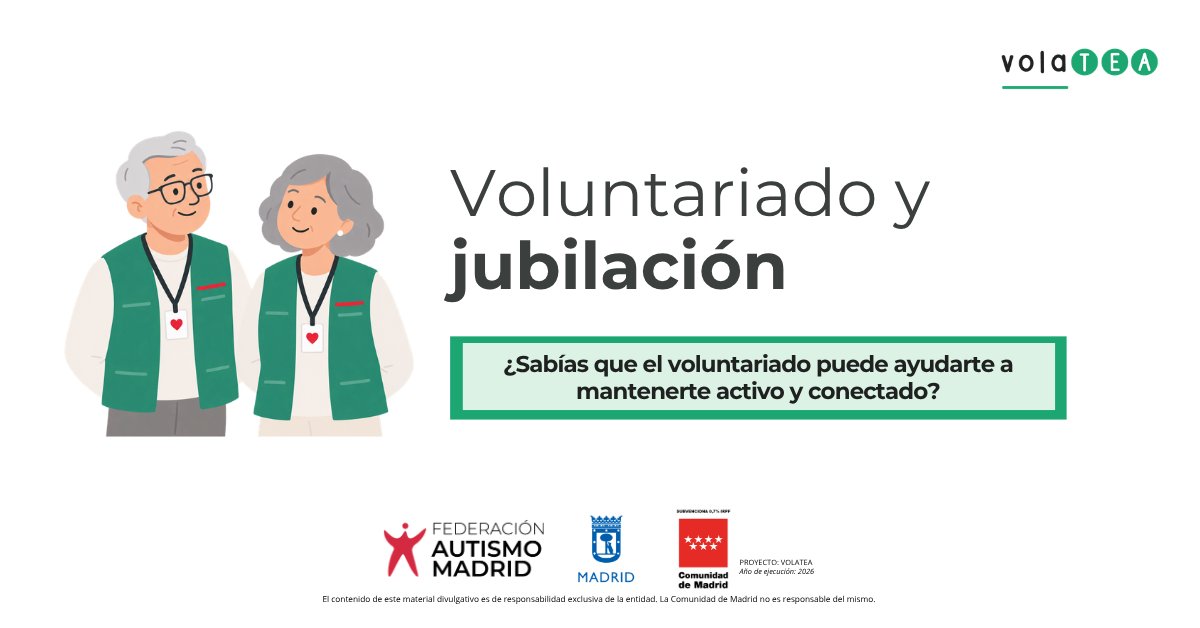 AutismoMadrid's tweet photo. La jubilación no tiene por qué ser el final de una etapa de participación.

El voluntariado es una forma de seguir compartiendo, aprendiendo y aportando desde la experiencia. 🤝

👉 Descubre cómo puedes colaborar con las entidades de Autismo Madrid: https://t.co/0CuwV5ydFP https://t.co/BsWyGDFh7E