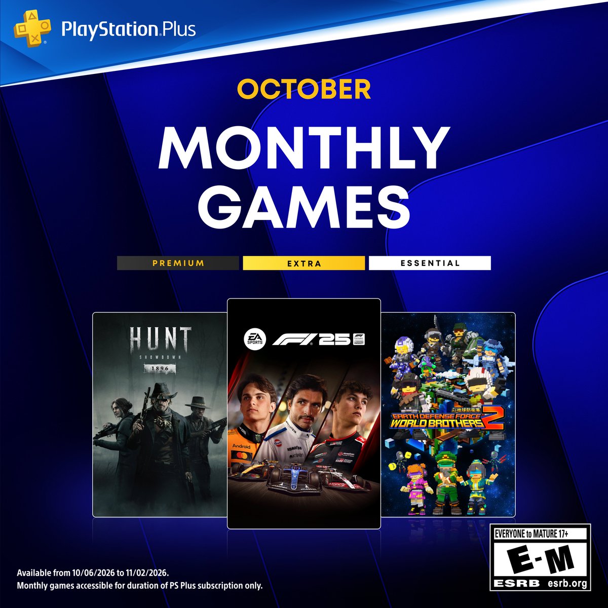 PlayStation's tweet photo. Your PlayStation Plus Monthly Games for October:

🏎️ F1 25
🏹 Hunt: Showdown 1896
👾 Earth Defense Force: World Brothers 2

Full details https://t.co/FsgB1Huymh https://t.co/PdlOnsTURh