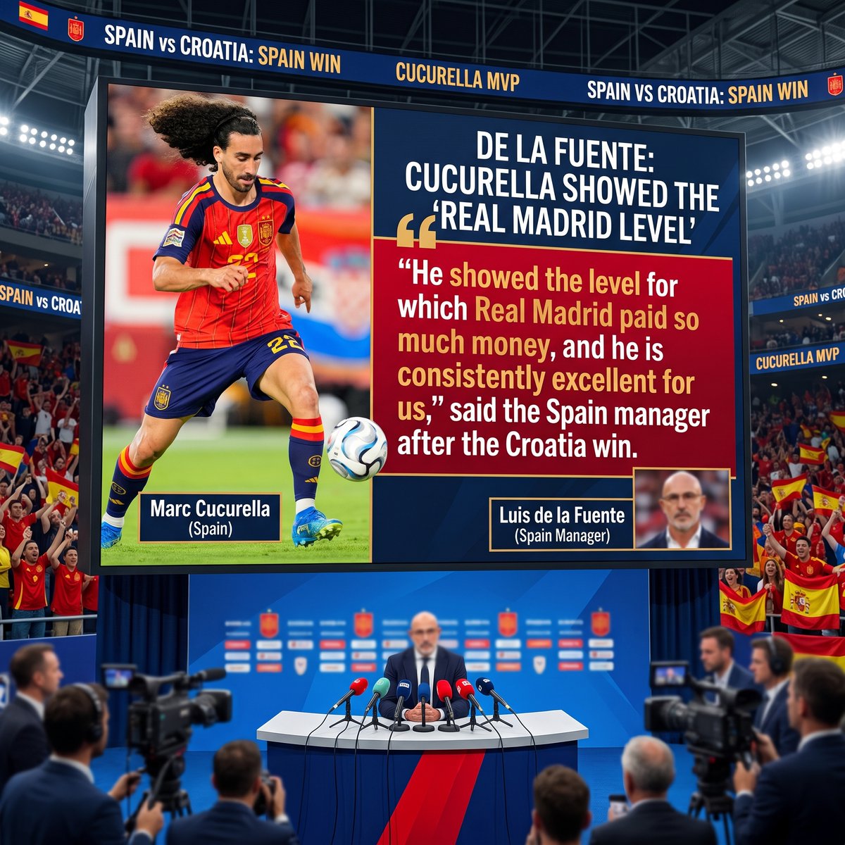 Post___lt's tweet photo. 🚨 SPAIN JUST GAVE MOURINHO A CUCURELLA LESSON!

🏌 INTERNATIONAL FORM: Marc Cucurella delivered another impressive display for Spain against Croatia, earning praise from Luis de la Fuente for his defensive quality and consistency.

🔥 DE LA FUENTE’S VIEW: The Spain boss believes Cucurella transforms with the national team because their tactical system suits him perfectly, allowing him to perform at a higher level.

⚪ MADRID’S CHALLENGE: Real Madrid have not consistently seen the same version. Mourinho may need to provide better tactical support, especially against dangerous right wingers such as Lamine Yamal and Michael Olise.

💪 KEY QUESTION: Can Mourinho unlock Cucurella’s Spain level at Madrid?