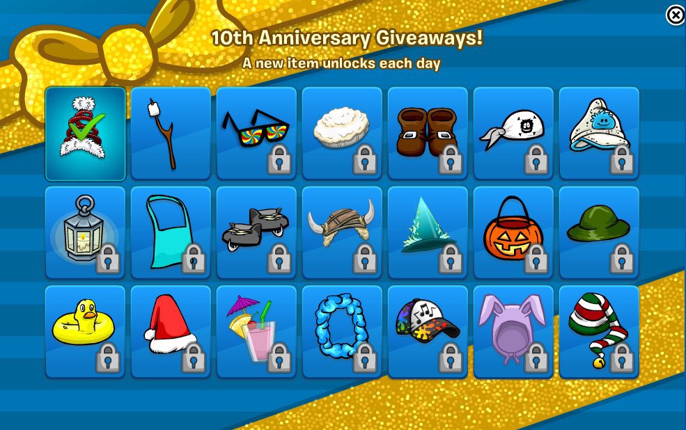 ThatPenguinGame's tweet photo. 11 years ago today, the 10th Anniversay Party started. Penguins could waddle around the island, exploring each room which was setup as a previous Party's theme. Each day, you could obtain a new returning item from the Item Calendar, and collect your free 10th Anniversary Hat. https://t.co/vKIrDhFtil