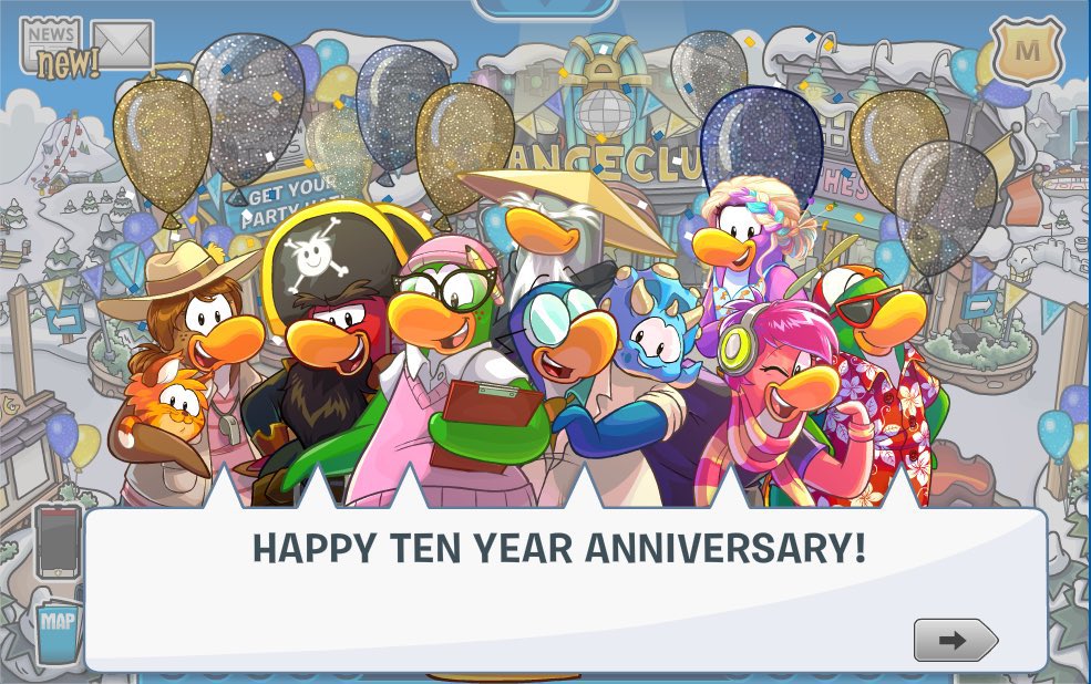 ThatPenguinGame's tweet photo. 11 years ago today, the 10th Anniversay Party started. Penguins could waddle around the island, exploring each room which was setup as a previous Party's theme. Each day, you could obtain a new returning item from the Item Calendar, and collect your free 10th Anniversary Hat. https://t.co/vKIrDhFtil