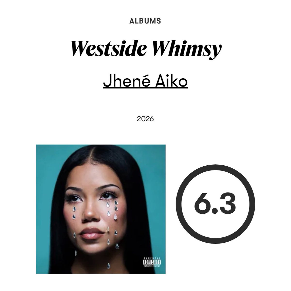 jhenebrasil's tweet photo. Pitchfork dá nota 6,3 ao Westside Whimsy, quarto álbum de Jhené Aiko.

“As músicas dela são sonhadoras e introspectivas. Sua voz é leve como uma pena, e seus vocais brilham sem esforço sobre teclas suaves e sintetizadores úmidos e atmosféricos.” https://t.co/jnLmtafYuD