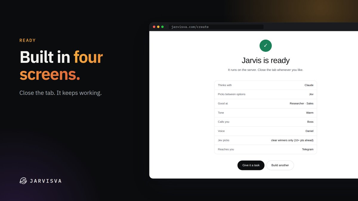 JarvisVArh's tweet photo. Built in four screens.

Close the tab. It keeps working, and tells you when it's done.

https://t.co/ofghXKst4w https://t.co/RSyO2Bwhzf