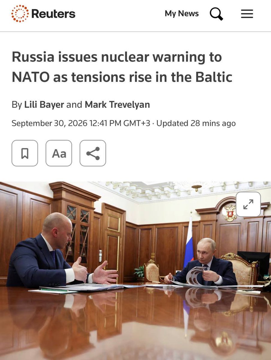 BohuslavskaKate's tweet photo. Russia again threatens NATO with nuclear strikes, this time if NATO "attempts to cut off Kaliningrad," which translates into normal English as "if they dare to defend the Baltic states from Russian aggression."

They are an unhinged mad beast, and wht do we do with a mad beast? https://t.co/za2a4yUcO7
