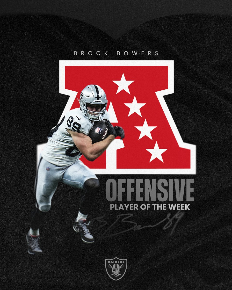 Raiders's tweet photo. Brock market is boomin' 📈

Brock Bowers named AFC Offensive Player of the Week!

Read more ➡️ https://t.co/xgH7FtClIB https://t.co/J2Ti1Mj6zS