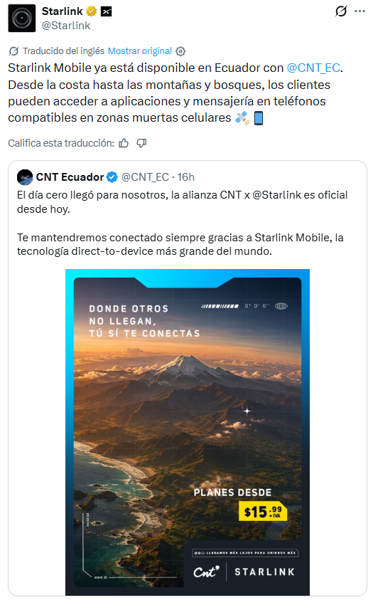 usuariosdigital's tweet photo. #AlertaDigitalEC
@CNT_EC lanza plan SatPower con @Starlink 

⚠️NOTA
-En planes de $16 o $3 adicionales a postpagos
-Solo para determinados equipos
-Cobertura en 82% de territorio, menos zonas fronterizas y Amazonía
-Acceso restringido a WhatsApp, X, AccuWeather y APP de ECU 911 https://t.co/N6TpzJugDo