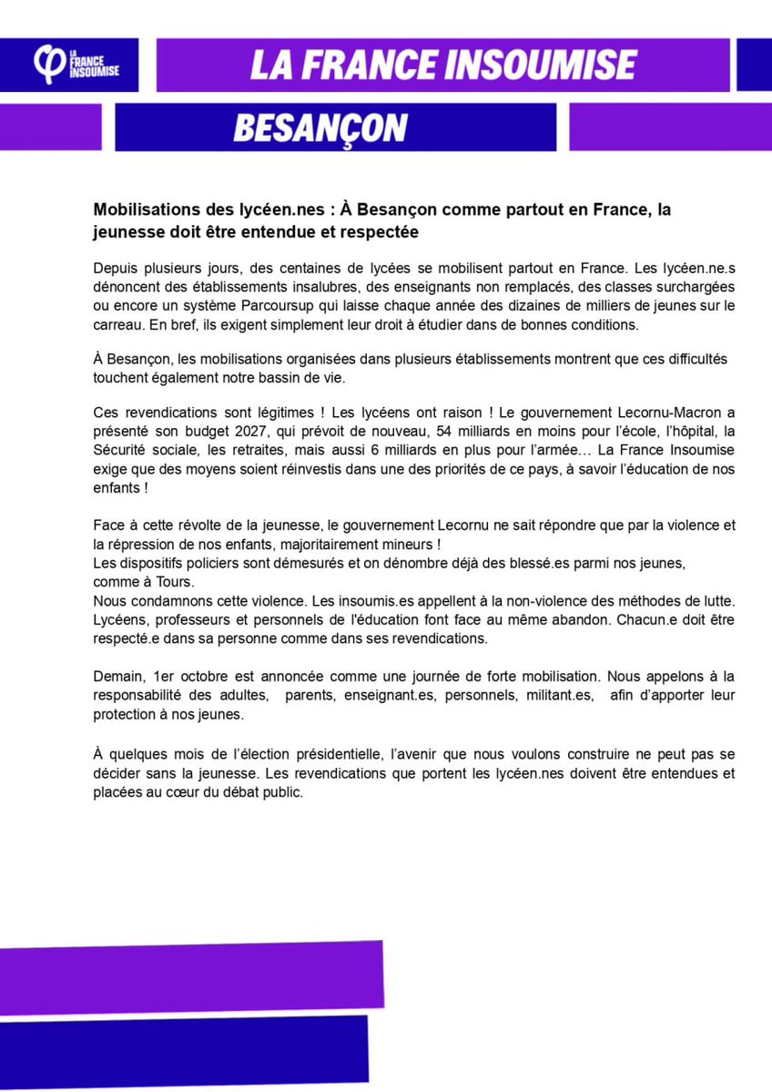 SeverineVezies's tweet photo. Mobilisations lycéennes, notre communiqué 
#besancon
#lfi
#Lycées 

👇 https://t.co/hXzhYUVDNt