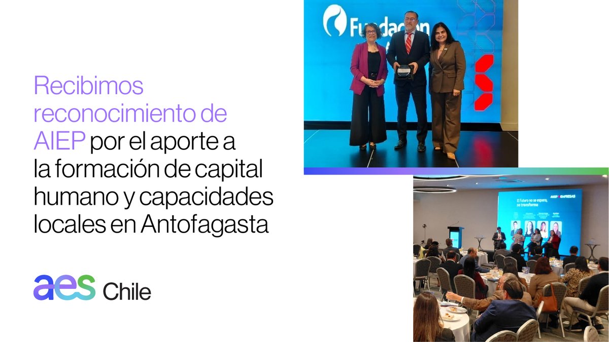 AES_Chile's tweet photo. En la Región de Antofagasta recibimos un reconocimiento por el trabajo colaborativo junto a las comunidades para fortalecer el talento regional y las habilidades laborales. 🤝

La distinción fue otorgada en el seminario de empleo de @AIEP Antofagasta y @chilevalora, “Empleabilidad Adaptativa para liderar los desafíos de una industria en movimiento”.