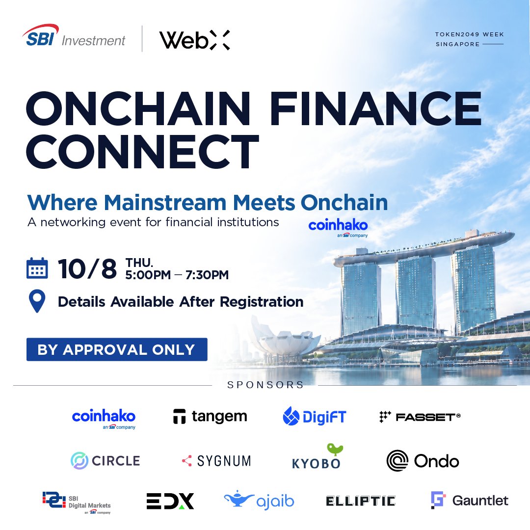 markets_edx's tweet photo. EDX is pleased to support “Onchain Finance Connect,” hosted by SBI Investment and WebX during @token2049 week in Singapore.

Join financial institutions, investors, VCs, Web3 companies and onchain finance leaders on October 8 for focused discussions and networking.

Apply to attend: https://t.co/LHz20N41b6