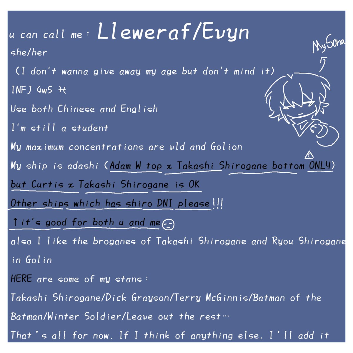 Lleweraf315's tweet photo. ⬆️⬆️
Just some information about me
all the information→p1
My ship→p2-3
My sona→p4 https://t.co/GarFCCBuEo