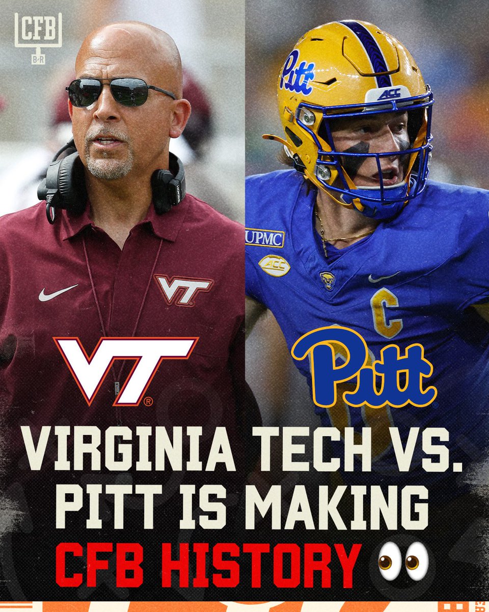 BR_CFB's tweet photo. Virginia Tech vs. Pitt will make college football history on Friday night 👀

It will be the first matchup in modern college football history between two unranked 4-0 major conference teams 🤯

Should either of these teams be ranked? 🤔 https://t.co/SCs5kT8WAe