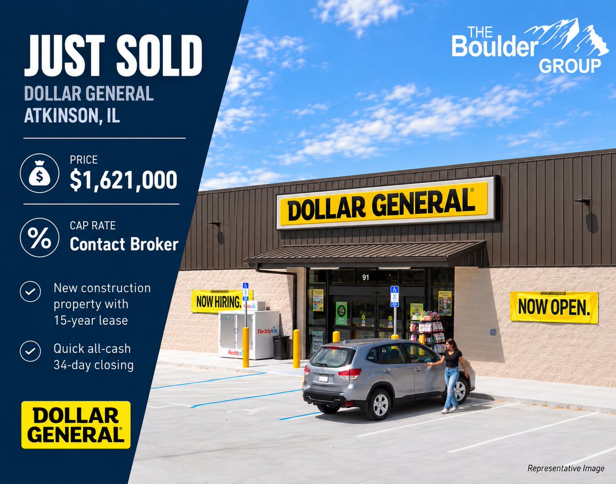 TheBoulderGroup's tweet photo. SOLD: New construction Dollar General in Atkinson, IL (Quad Cities MSA) for $1,621,000. 

15-year absolute NNN lease, zero landlord responsibilities, investment-grade credit (S&amp;P: BBB). 

Zach Wright &amp; Brandon Wright represented the seller. 
#NetLease #NNN #STNL https://t.co/AUgLwRxrXO