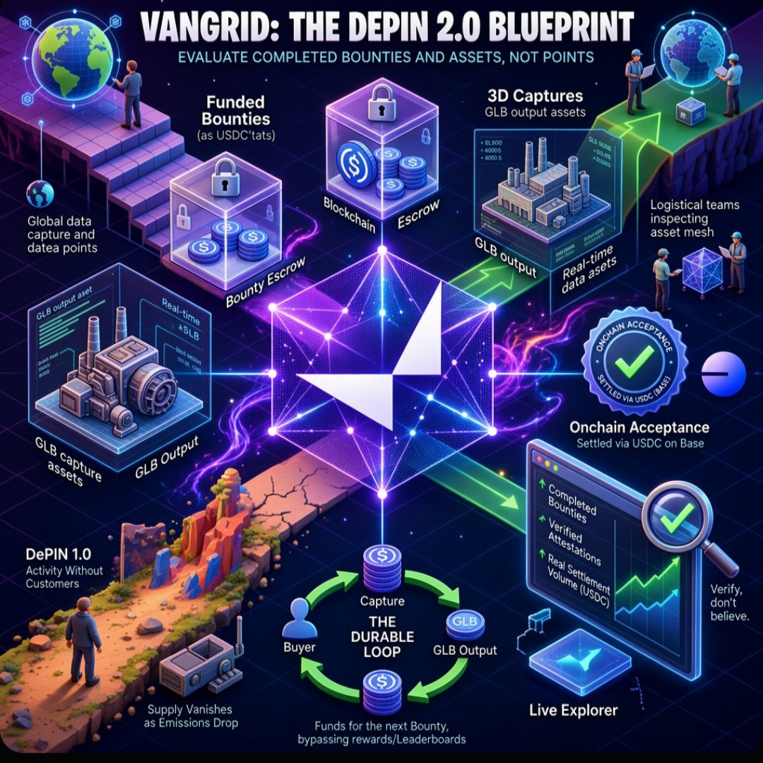 Gusion_Zeka's tweet photo. DePIN 1.0 taught a painful lesson: pay people to deploy hardware or collect data with no paying customer, and you get mercenary supply that vanishes when emissions drop.

@vangrid_io is trying to skip that failure mode.

Bounties are funded before capture.

Escrow is visible.

Acceptance is an onchain event.

Settlement is USDC on Base today.

The public Explorer is an invitation to verify rather than believe.

Community figures have cited large capture and attestation counts and real settlement volume.

Treat live explorer numbers as the source of truth because they move.

The rewards and content campaigns exist to bootstrap attention, but the durable loop is buyers paying for specific 3D captures.

That is why the GLB output matters more than leaderboard points.

Activity is easy to fake.

A mesh a logistics team can inspect is not.

If you evaluate Vangrid, evaluate completed bounties and reconstructed assets, not follower graphs.