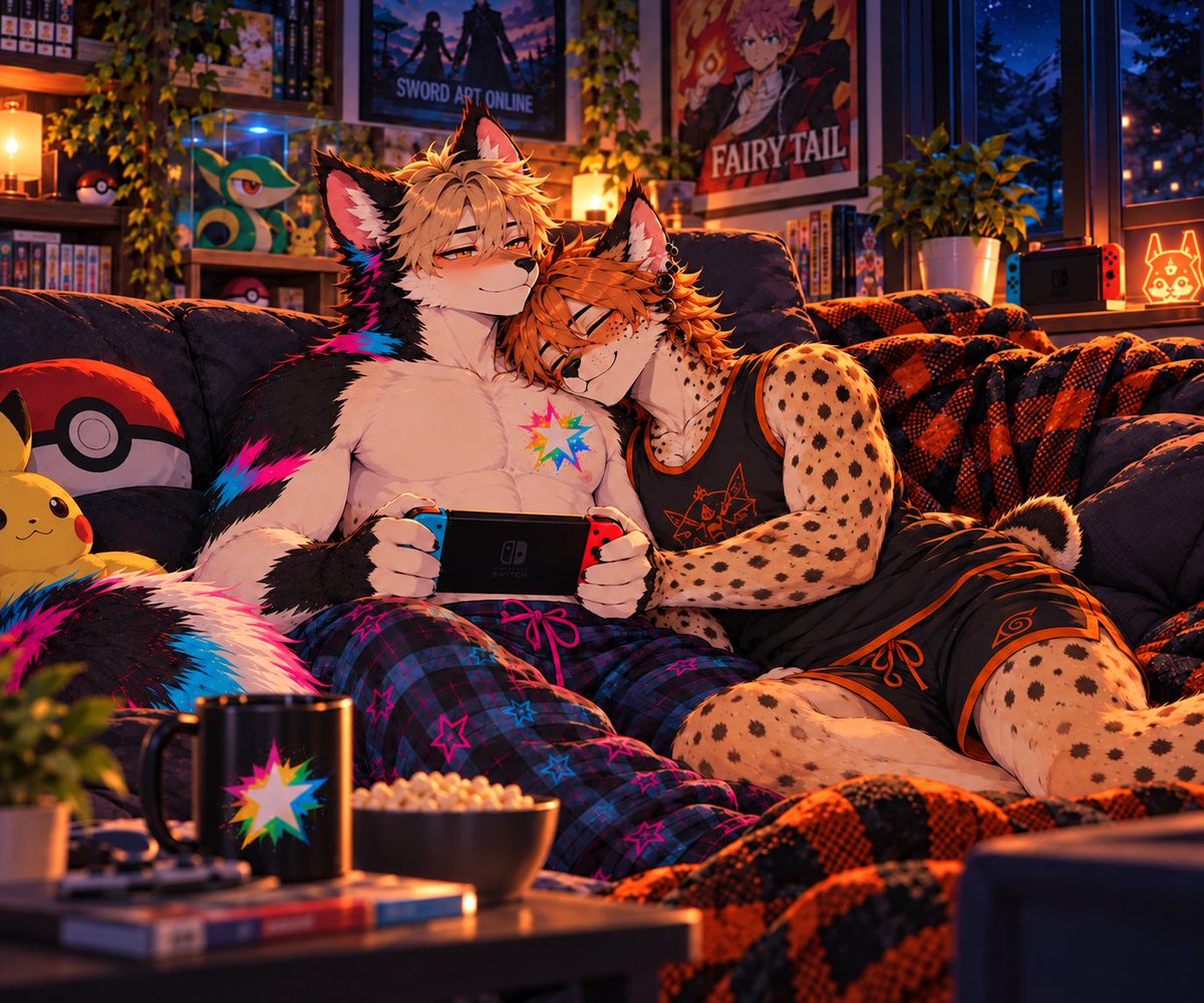 13Midnightjo's tweet photo. “One More Game, One Less Awake” 🎮💤🩵🩷🧡
#Fursona #Furry #AIFurryArt https://t.co/BkUudzkOQz