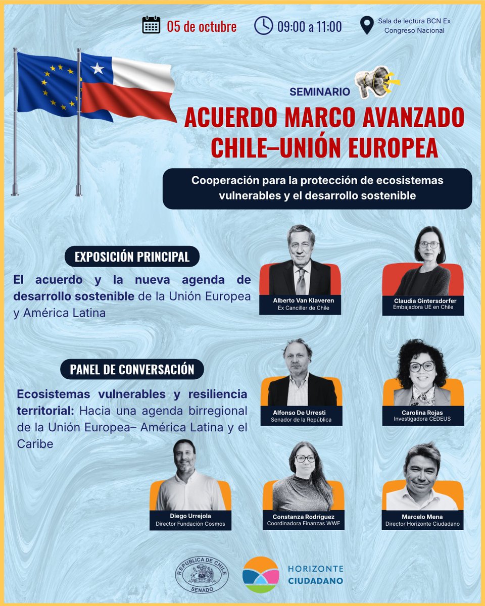 h_ciudadano's tweet photo. 🏛️ Seminario Acuerdo Marco Avanzado Unión Europea– Chile

Un espacio de diálogo para analizar las oportunidades que ofrece este acuerdo en la protección de ecosistemas vulnerables y la cooperación birregional.

🗓️ Lunes 05 oct | 09:00 hrs

🔗Inscripciones: https://t.co/gRLAuhx3Fp https://t.co/1iOzEjzl2P