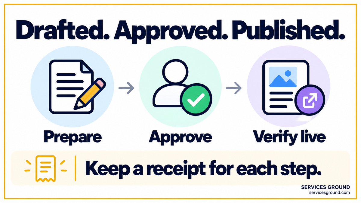 servicesground's tweet photo. Drafted, approved and published are different states. Keep the approved version and verify the live URL. That simple separation makes a marketing agent easier to supervise and corrections easier to trace.
https://t.co/N3kqpAuPdp https://t.co/GwHleIVgc0