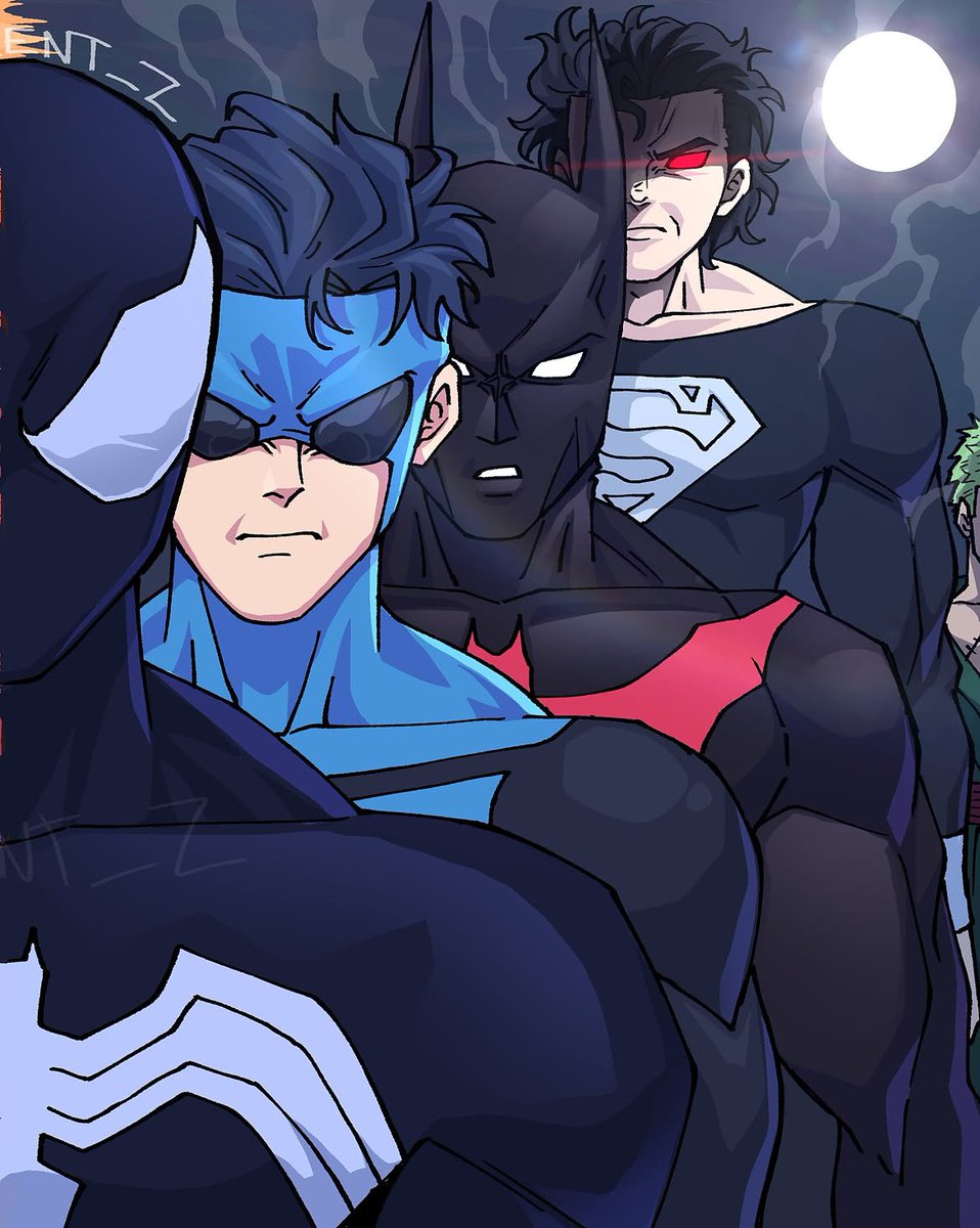 famousmanaz32's tweet photo. That Batman on the right isn’t Terry. Bruce wore the black-and-red suit first before passing it down to Terry.

 Would Bruce have ever given Terry the suit if he was still at his peak? https://t.co/1nJEj0nnlL