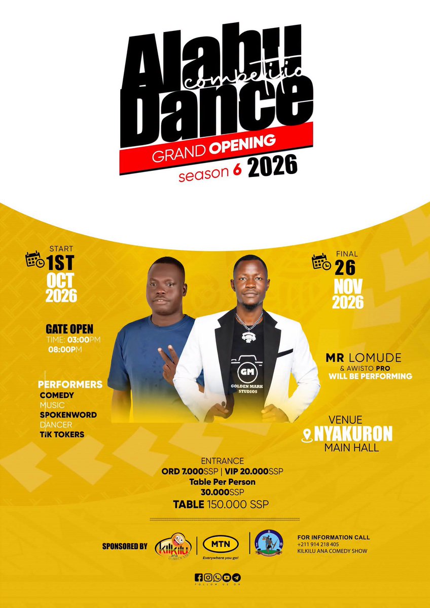 MTNSSD's tweet photo. Tomorrow, we dance Kilkilu Ana Entertainment Show
Alabu Dance is bringing the vibes, the energy and the moves.
Remember to join Shabab Nation via *100*2# and instantly get 100MB plus 5 minutes!
#SN4Life #YoungBoldUnstoppable https://t.co/qE7vWfpHmM