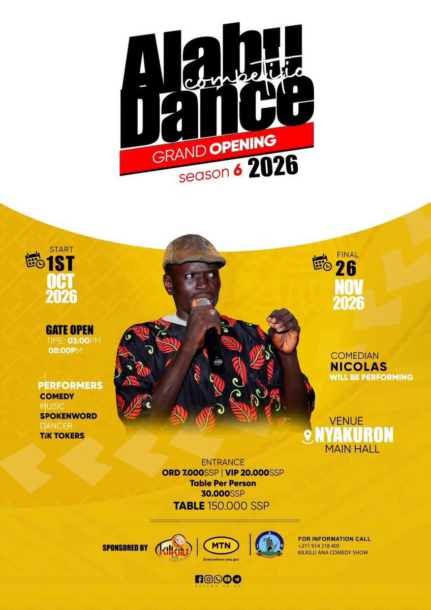 MTNSSD's tweet photo. Tomorrow, we dance Kilkilu Ana Entertainment Show
Alabu Dance is bringing the vibes, the energy and the moves.
Remember to join Shabab Nation via *100*2# and instantly get 100MB plus 5 minutes!
#SN4Life #YoungBoldUnstoppable https://t.co/qE7vWfpHmM