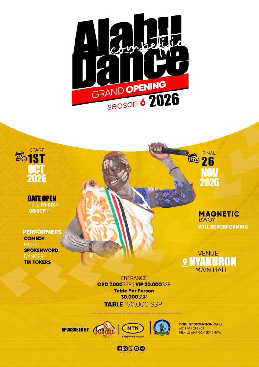 MTNSSD's tweet photo. Tomorrow, we dance Kilkilu Ana Entertainment Show
Alabu Dance is bringing the vibes, the energy and the moves.
Remember to join Shabab Nation via *100*2# and instantly get 100MB plus 5 minutes!
#SN4Life #YoungBoldUnstoppable https://t.co/qE7vWfpHmM
