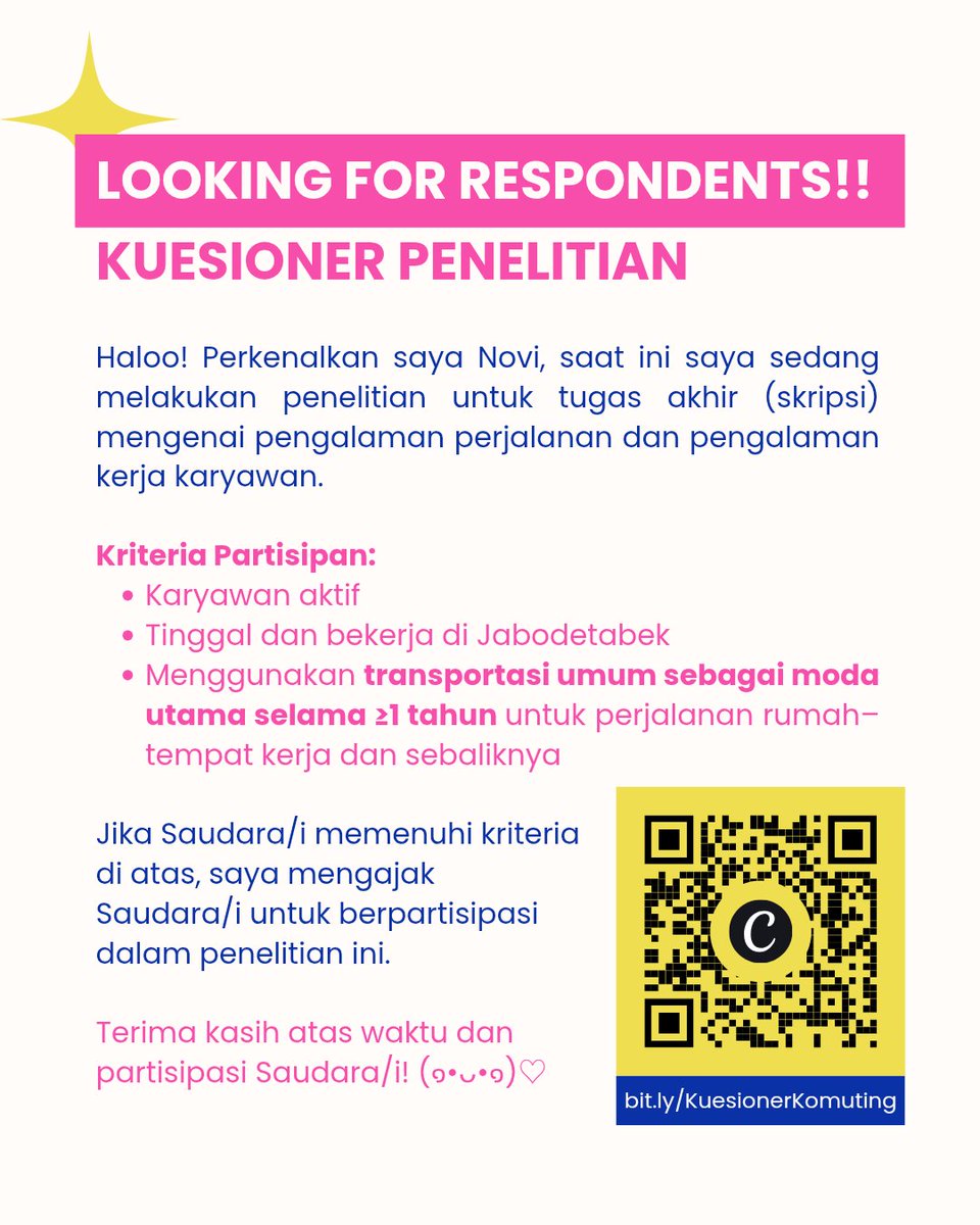 PelajarTerbang's tweet photo. [ ♡ + 🔃 ] are appreciated!! 💘

Haloow semuanyaa, boleh minta bantuannya tidak yaa..

Aku lagi nyari partisipan untuk skripsi ku dengan kriteria sbb:
- Karyawan aktif
- Tinggal dan kerja di Jabodetabek
- Pengguna transum selama ≥ 1 tahun

Link nya ada di rep, thankk youu 🫶 https://t.co/RxVS7Og48K