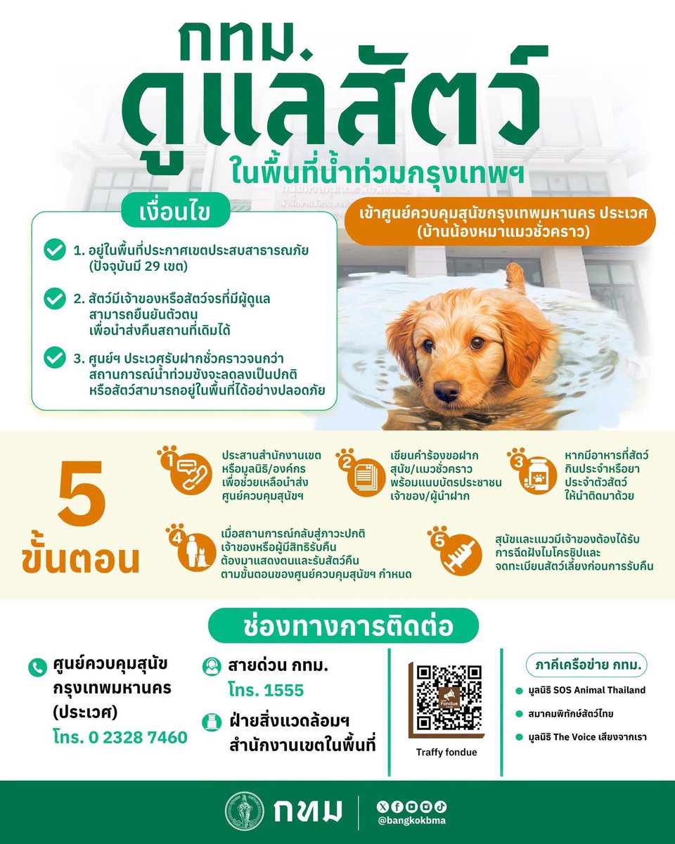 js100radio's tweet photo. 🐶🐱 กทม. เปิดพื้นที่ศูนย์ควบคุมสุนัขกรุงเทพมหานคร ประเวศ (บ้านน้องหมาแมวชั่วคราว) สำหรับฝากดูแลสุนัขและแมวของประชาชนในพื้นที่น้ำท่วม

📌 ฝากได้เมื่อ 
• อยู่ในพื้นที่ประกาศเขตประสบสาธารณภัย
• สัตว์มีเจ้าของหรือผู้ดูแล สามารถยืนยันตัวตนและนำส่งได้
• ฝากได้จนกว่าสถานการณ์จะคลี่คลาย หรือสัตว์สามารถอยู่ในพื้นที่ได้อย่างปลอดภัย
.
🐾 5 ขั้นตอนการฝากสัตว์ 
1️⃣ ประสานสำนักงานเขต/มูลนิธิ/องค์กร เพื่อขอเข้าศูนย์ฯ
2️⃣ เขียนคำร้องขอฝากสัตว์ พร้อมข้อมูลเจ้าของ/ผู้ฝาก
3️⃣ หากมีอาหารประจำตัวหรือยาประจำตัวสัตว์ ให้นำติดมาด้วย
4️⃣ เมื่อสถานการณ์กลับสู่ภาวะปกติ เจ้าของหรือผู้ดูแลมารับสัตว์คืนตามขั้นตอน
5️⃣ สุนัขและแมวต้องได้รับการฉีดวัคซีนและจดทะเบียนสัตว์เลี้ยงก่อนรับคืน
.
📞 สอบถาม/แจ้งความช่วยเหลือ
• ศูนย์ควบคุมสุนัขกรุงเทพมหานคร โทร. 0 2328 7460
• สายด่วน กทม. 1555
• Traffy Fondue 
• ฝ่ายสิ่งแวดล้อมฯ สำนักงานเขตในพื้นที่
• ภาคีเครือข่ายกทม.
.
💚 เพราะทุกชีวิตมีความหมาย ช่วยกันดูแลสัตว์เลี้ยงให้ปลอดภัยในช่วงน้ำท่วม

#กรุงเทพมหานคร #กทม #น้ำท่วมกรุงเทพ #สัตว์เลี้ยง #บ้านน้องหมาแมว #ช่วยสัตว์ช่วงน้ำท่วม