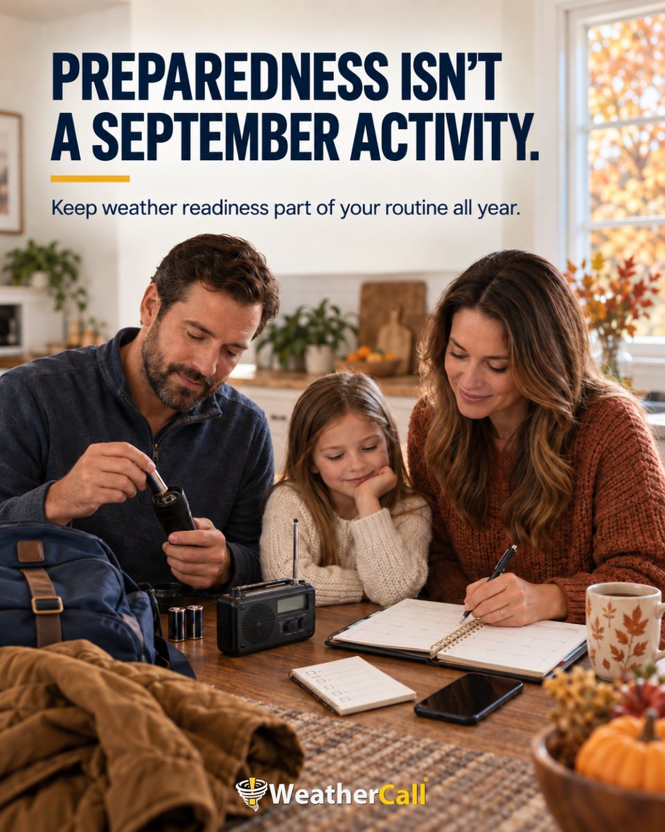 WeatherCallLLC's tweet photo. Preparedness is not limited to September.

Keep emergency contacts current, know your safe locations, use multiple warning sources, and review the plan when routines change.

A few simple check-ins can help your household stay weather ready all year.

#WeatherSafety https://t.co/i1dElacvtY