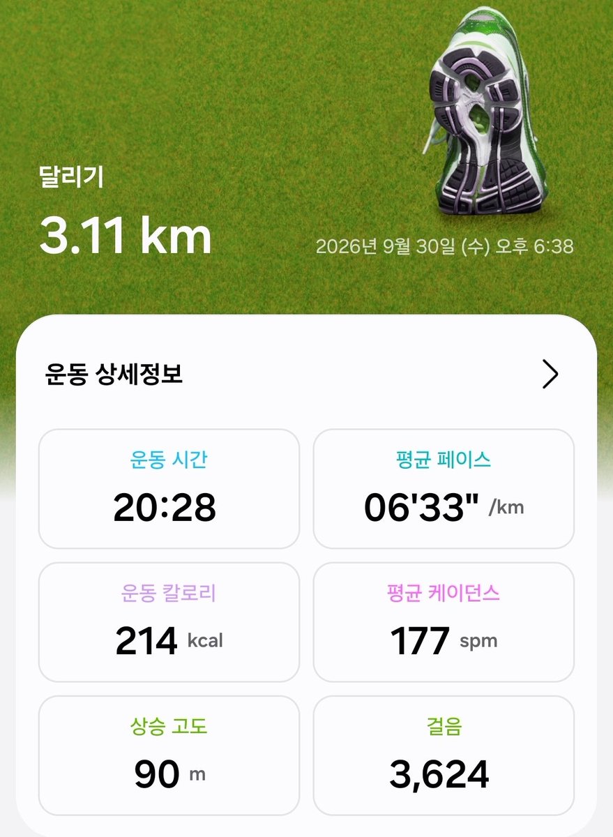 Bitna_Spark's tweet photo. 러닝 하고 왔다

누워서 쉬다가 ㅋㅋ
조금만 더 늦게 갔으면 어두워서 못 달릴 뻔

월요일에 5km, 40분 달리고
오늘 기록은
3km, 20분 27초, 페이스 6분 47초

러닝 시작한 몇 주 전 기록이랑
비슷한 것 같누…
나아지는 게 없ㅠ
20분 깨는 게 이렇게 어려운 일인가
할 수 있을 것 같더니 또 실패 ㅋㅋ

근데 런데이 앱은
3km 19분 31초 신기록이래
거의 비슷하게 뛰었는데 뭐지ㅠ
나이키런앱은
3.77km에 페이스 5분 29초, 거짓말쟁이 ㅋㅋ

그래도 오늘 하나 건진 건
후반으로 갈수록 페이스가 좋아졌다는 거
20분 깨보겠다고
오늘 좀 열심히 달렸더니 ㅎㅎ

비 온다고 했는데
비가 오려고 그랬는지
지나가려고 그랬는지
선선한 바람이 불더라
선선해서 좋긴 했는데
혹시 이 바람 때문에 속도가 안 나온 건가 싶기도 하고
핑계는 ㅋㅋ

뛰자마자 오른쪽 발뒤꿈치가 아프고
오른쪽 옆구리도 아프고
진짜 포기하고 싶었는데 참고 달렸다

끝나고 스트레칭하는데
땀이 뚝뚝뚝

근데 러닝의 효과 중 하나는
잡생각이 사라지는 것 같다

뛰기 전에는
업무 생각, 인간관계 생각
이것저것 머릿속이 복잡했는데
뛰고 나니까
신기하게 아무 생각이 없다

오늘도 3km
몸은 힘들었지만 머리는 좀 가벼워졌다
20분 깨는 그날까지 또 뛰어야지

너무너무 쉽지 않지만 ㅋ