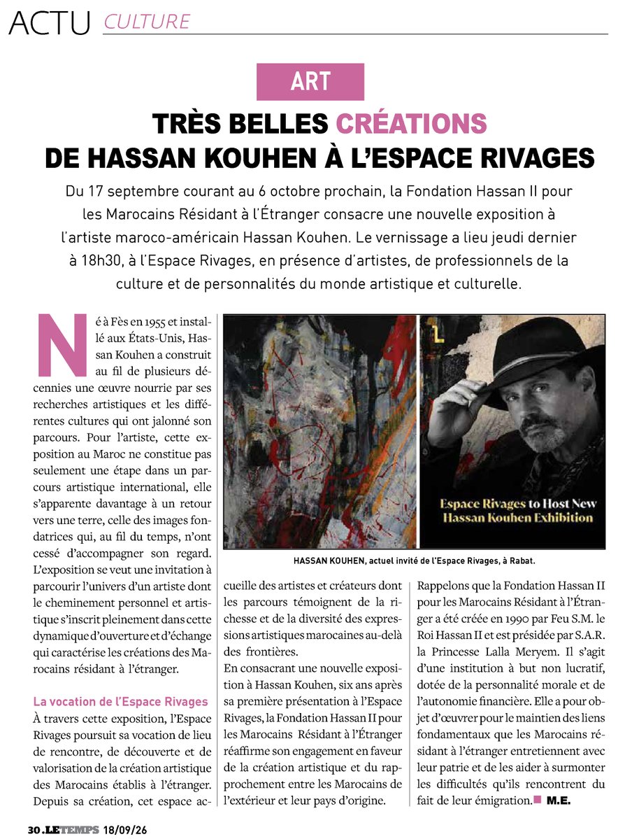 FH2MRE_MA's tweet photo. Revue de presse de l’exposition de Hassan Kouhen - Le Temps
https://t.co/CjFiuULzZC
#Art #Exposition #Vernissage #Culture #FH2MRE #EspaceRivages https://t.co/X762LRxb1e