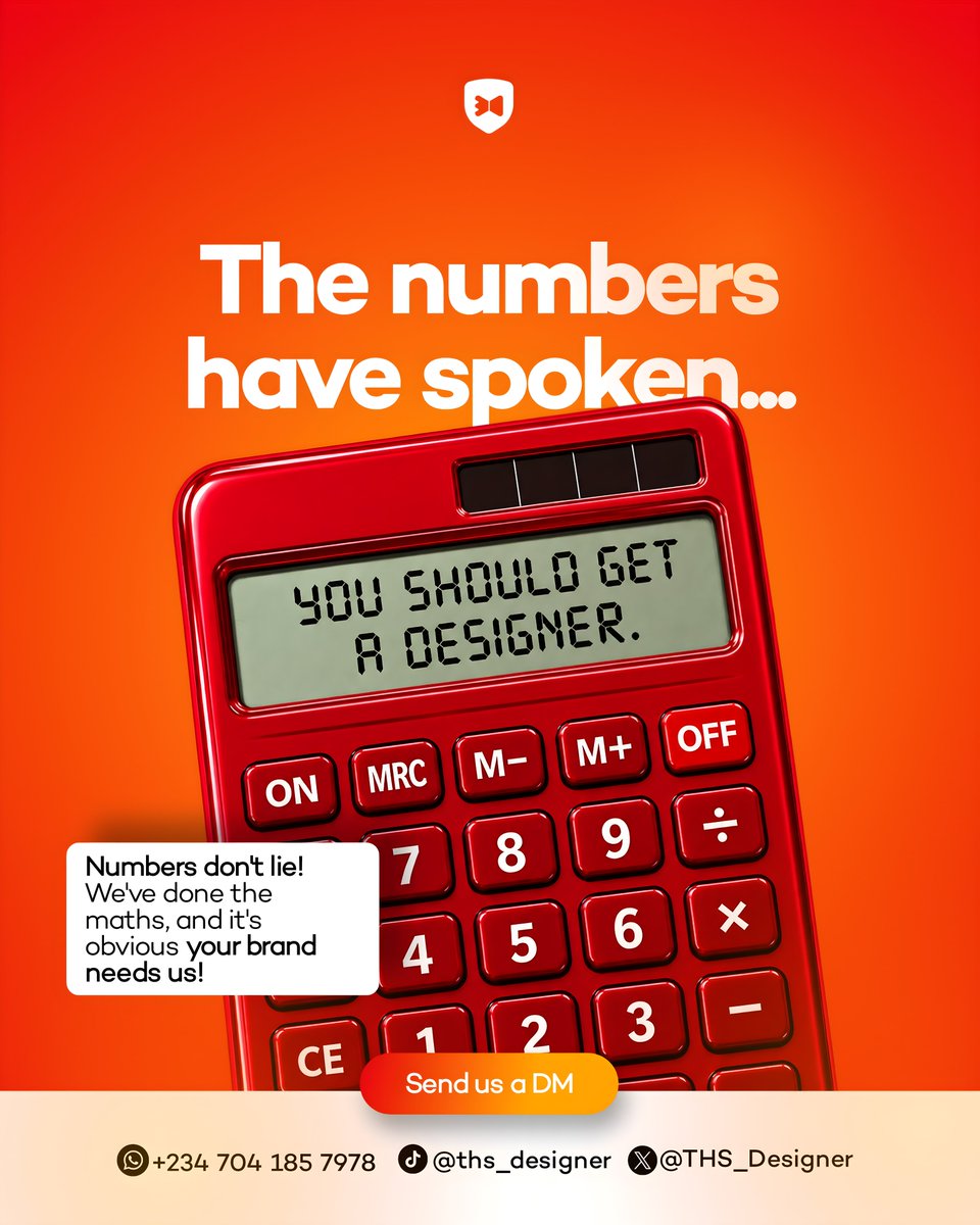THS_Designer's tweet photo. Good design isn’t just about looking nice. It helps your brand communicate clearly, look intentional, build credibility, and get noticed.

The calculator has done the math. 😌

Need a flyer, social media design, brand identity, or promo material?

Send us a DM. https://t.co/h2mllTlsPt