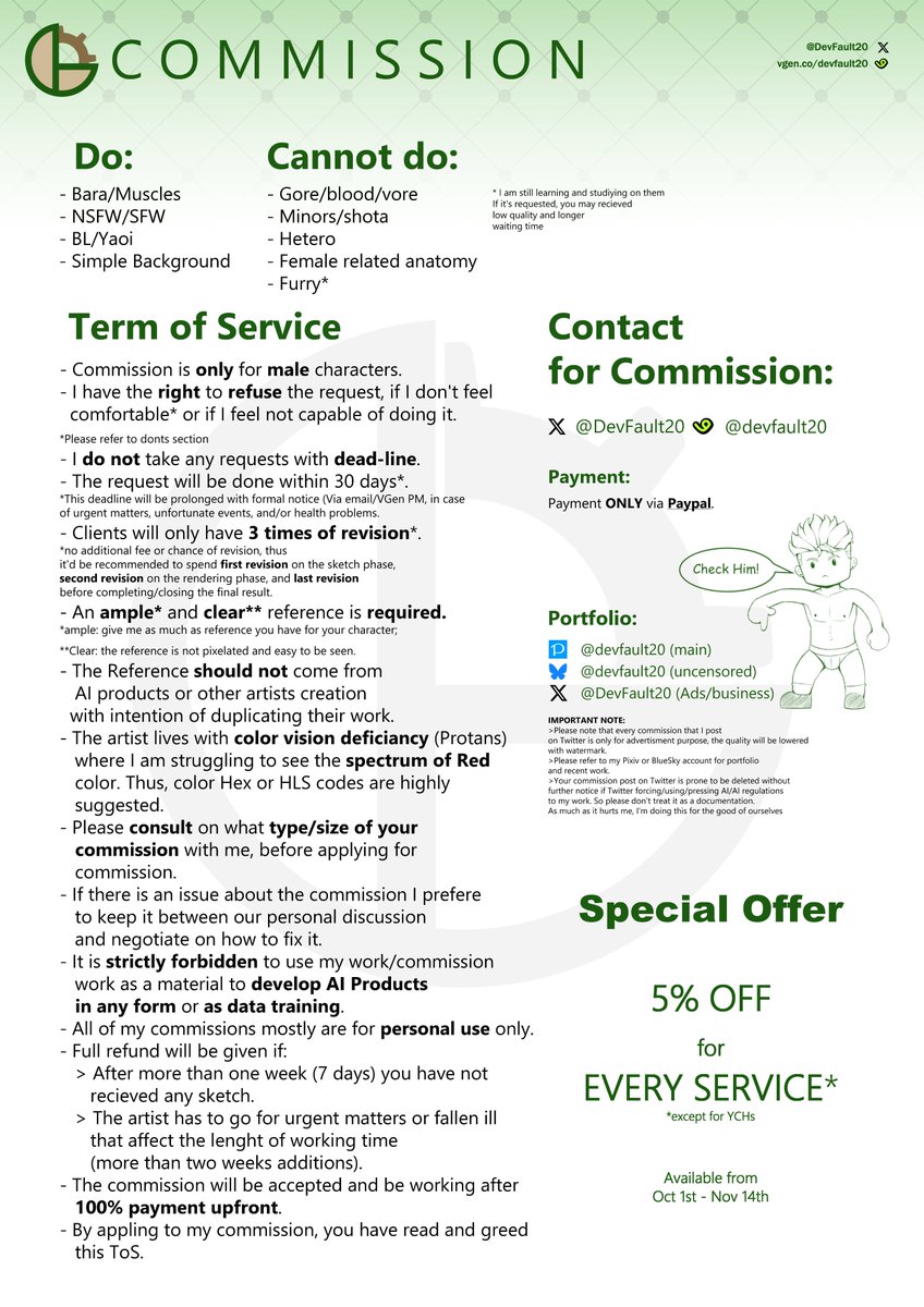 DevFault20's tweet photo. Hi Dev's here!
I'm glad to announce that I'm back from hiatus!!
I'm reopening all my commission services. To celebrate, I set up special discount for every services.

RTs and Likes would be very appreciated! Thank you so much for your love and support!!
#commission #NSFW https://t.co/iRvU2VvQkG