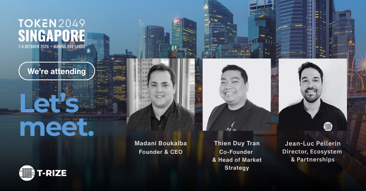 trize_io's tweet photo. .@trize_io will be at @token2049 next week.

Scaling institutional tokenization takes coordinated execution across structuring, issuance, distribution and lifecycle operations, with governance embedded from the start.

That is the architecture T-RIZE brings to the table.

🇸🇬 We’re heading to Singapore to build partnerships and advance concrete opportunities to bring real-world assets into digital markets.

Let’s meet. Message us to schedule a conversation with our team.

Madani Boukalba (@madanirealx) / Thien Duy Tran (@LearningWithTD) / Jean-Luc Pellerin (@JL_Pellerin) 

#TOKEN2049 #Tokenization #DigitalAssets