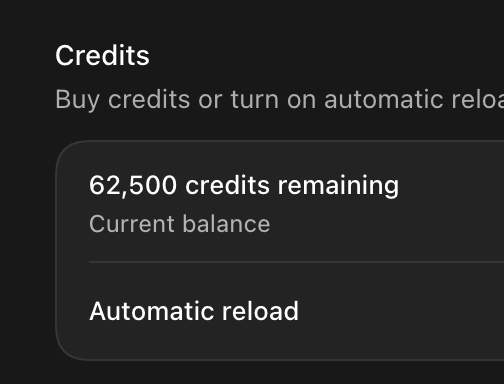 A dark-themed user interface screen showing a 'Credits' section with a 'Current balance' of '62,500 credits remaining' and an 'Automatic reload' option.