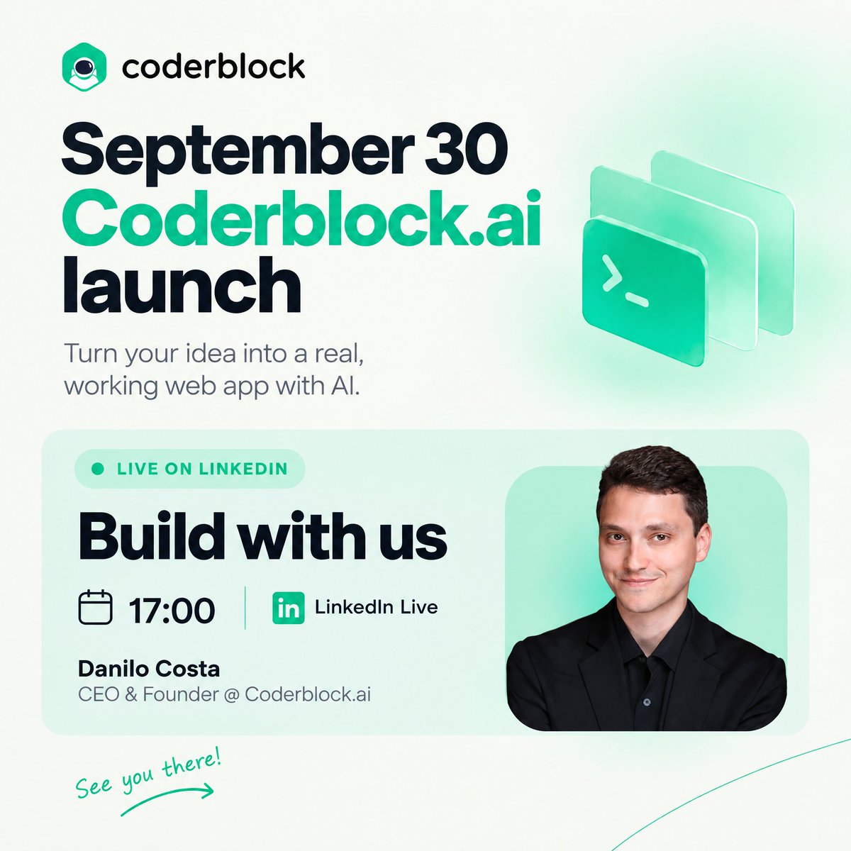 coderblock's tweet photo. 🚨 𝗪𝗲’𝗿𝗲 𝗟𝗜𝗩𝗘!

The 𝗖𝗼𝗱𝗲𝗿𝗯𝗹𝗼𝗰𝗸.𝗮𝗶 launch is happening right now.

Join @_dan_costa_ , 𝗙𝗼𝘂𝗻𝗱𝗲𝗿 𝗼𝗳 𝗖𝗼𝗱𝗲𝗿𝗯𝗹𝗼𝗰𝗸, as he takes you inside https://t.co/IUXQHTKLyP and builds with it live.

💡 See how a simple idea becomes a working product
⚡ Discover how https://t.co/IUXQHTKLyP works
🚀 Get inspired for what you could build

And stay until the end…
we’ve got a little surprise waiting for you! 👀

Come join us 👉🏼https://t.co/TyYrknkbdg